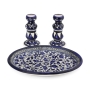 Armenian Ceramics Blue Sabbath Candlesticks Set With Floral Design - 3