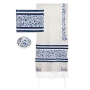Yair Emanuel Full Embroidered Raw Silk Women's Prayer Shawl with Birds and Flowers Design (Blue/White) - 2
