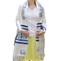 Yair Emanuel Full Embroidered Raw Silk Women's Prayer Shawl with Birds and Flowers Design (Blue/White) - 4