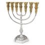 Extra Large Two Tone Silver and Gold Plated Traditional 7-Branched Temple Menorah with Jerusalem - 2