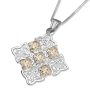 Sterling Silver and 9K Gold Ornate Floral Jerusalem Cross Pendant with Diamonds - 1