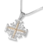 Sterling Silver and 9K Gold Ornate Etched Jerusalem Cross Pendant with Diamonds - 1