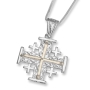 Sterling Silver and 9K Gold Deluxe Ornate Etched Jerusalem Cross Pendant with Diamonds - 1
