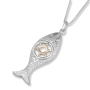 Sterling Silver and 9K Gold Deluxe Ichthus Fish Pendant with Star of David and Diamonds  - 1