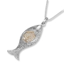 Sterling Silver and 9K Gold Ichthus Fish Pendant with Seven-Branched Menorah and Diamonds - 1