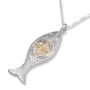 Sterling Silver and 9K Gold Gold Ichthus Fish Pendant with Jerusalem Cross and Diamonds - 2