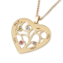 English/Hebrew Heart-Shaped Name Necklace With Family Tree Design and Birthstones - 3
