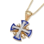 Anbinder Two-Tone 14K Yellow Gold Arched Splayed Jerusalem Cross Pendant with Blue Enamel Border and Diamonds - 1