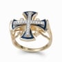Anbinder 14K Yellow and White Gold Openwork Splayed Jerusalem Cross Ring with Blue Enamel Border and Diamonds - 2