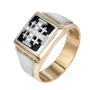 Two-Tone 14K Gold Men’s Jerusalem Cross Signet Ring with Diamonds and Black Enamel - 1