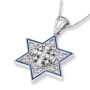 Anbinder Deluxe 14K White Gold, Blue Enamel, and Diamond Filigree Messianic Star of David Jerusalem Cross Pendant - 1