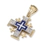 14K Gold Two Tone Pavé Diamond and Blue Enamel Classic Milgrain Jerusalem Cross Pendant with 16 Diamonds - 1