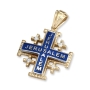 Anbinder Jewelry 14K Yellow & White Gold Diamond and Blue Enamel Classic Milgrain Jerusalem Cross Pendant with Jerusalem Inscription and 4 Diamonds - 1