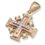 Tricolored Gold and Diamond Classic Milgrain Jerusalem Cross Pendant with 17 Diamonds - 1