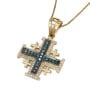 Anbinder Deluxe 14K Yellow & Black Gold Jerusalem Cross Pendant with Diamond Border and Blue Diamond Accents - 1