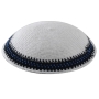 Classic Hand Crocheted White Kippah with Blue and Black Border - 1