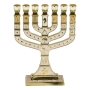 Miniature Gold Tone White Enameled Knesset-Style 7-Branched Menorah with 12 Tribe Symbols - 1