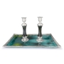 Sophisticated Large Sterling Silver-Plated Glass Shabbat Candlesticks in Green - 2