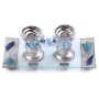 Lily Art Painted Glass Candlesticks with Matching Tray (Blue Tulips) - 1
