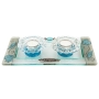 Lily Art Painted Glass Tealight Candleholders with Matching Tray (Light Blue Pomegranates) - 1