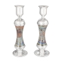 Handcrafted Sterling Silver-Plated Glass Sabbath Candlesticks With Variegated Design - 4