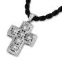 14K White Gold and Diamond Roman Cross Necklace with Flowers - 1