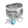 925 Sterling Silver Multi Charm Ring with Heart, Turquoise Pearl, and Cross - 1