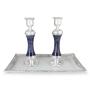 Tall Handcrafted Sterling Silver-Plated Dark Blue Glass Sabbath Candlesticks - 1