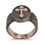 14K Red Gold Plated Black Rhodium Budded Cross Signet Ring with White and Black Diamonds - 1