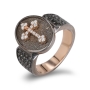 14K Red Gold Plated Black Rhodium Budded Cross Signet Ring with White and Black Diamonds - 2