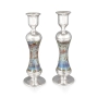 Handcrafted Sterling Silver-Plated Glass Sabbath Candlesticks With Variegated Design - 2