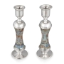 Handcrafted Sterling Silver-Plated Glass Sabbath Candlesticks With Variegated Design - 3