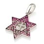 Rhodium Plated Sterling Silver Messianic Star of David Necklace with Cross and Pink Gemstones - 1