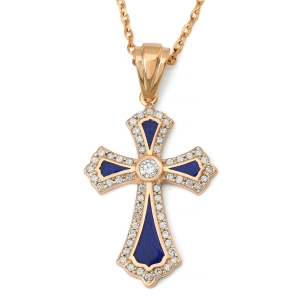 14K Gold Flared Cross Pendant Necklace with Blue Enamel and 57 Diamonds