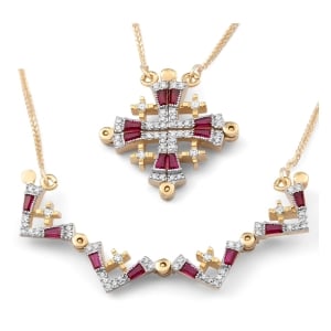 Convertible Jerusalem Cross Necklace with 32 White Diamonds and Ruby Corundum in 14K Yellow Gold