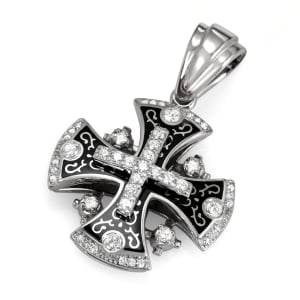 Ornate 14K Gold Flared Jerusalem Cross Pendant Necklace with 45 Diamonds and Choice of Black or Blue Enamel