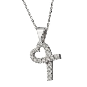 14K White Gold and Diamond Heart Cross Pendant 