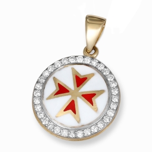 14K Yellow and White Gold Circular Enameled Pendant with Diamond Border and Maltese Cross Design