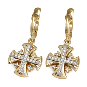 Anbinder 14K Yellow Gold and Diamond Flared Jerusalem Cross Hanging Earrings with 42 Diamonds