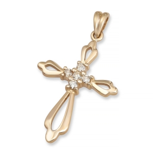 14K Gold and Diamond Hollow Out Nativity Cross with 5 Diamond Cluster 