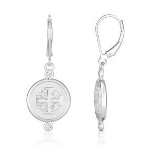 Sterling Silver Round Jerusalem Cross Dangling Earrings with Zircons