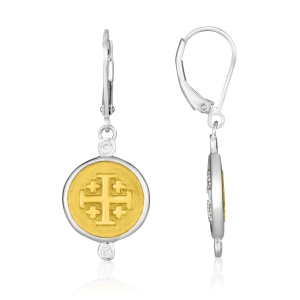Sterling Silver and Gold-Plated Round Jerusalem Cross Dangling Earrings with Zircons