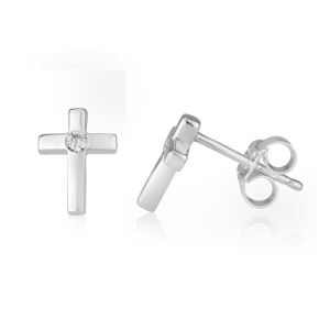 Bold Sterling Silver Latin Cross Stud Earrings with Zircon Stones