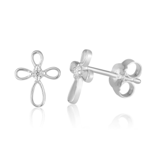 Rounded Sterling Silver Latin Cross Stud Earrings with Zircon Stones