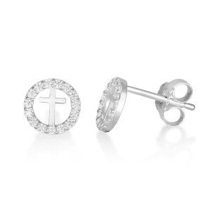 Sterling Silver Round Latin Cross Stud Earrings with Zircon Stones