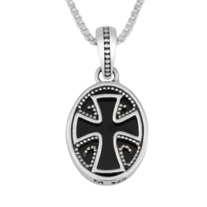 Sterling Silver Oval Latin Cross Pendant with Onyx and Dotted Design