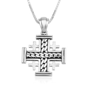 Deluxe 925 Sterling Silver Jerusalem Cross Necklace with Curb Chain Motif