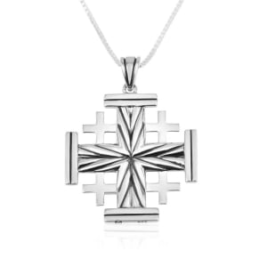 Men's 925 Sterling Silver Jerusalem Cross Necklace with Sunburst Design