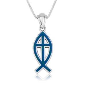Sterling Silver Ichthus Pendant with Latin Cross and Enamel - Unisex
