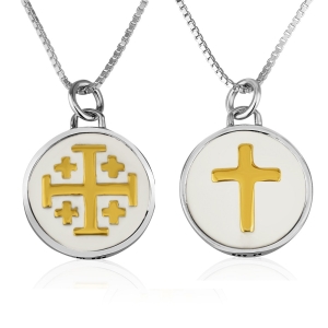 Round Double-Sided 18K Gold-Plated Jerusalem Cross Necklace in 925 Sterling Silver and White Enamel